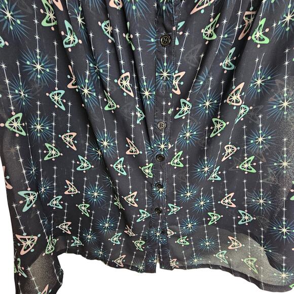 Unique Vintage Top Button Front Blouse Women 2X/18 Black Atomic Print Sheer Top - Picture 3 of 7